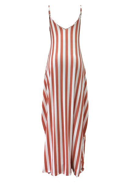 Stylish V Neck Striped Red Blending Ankle Length Dress