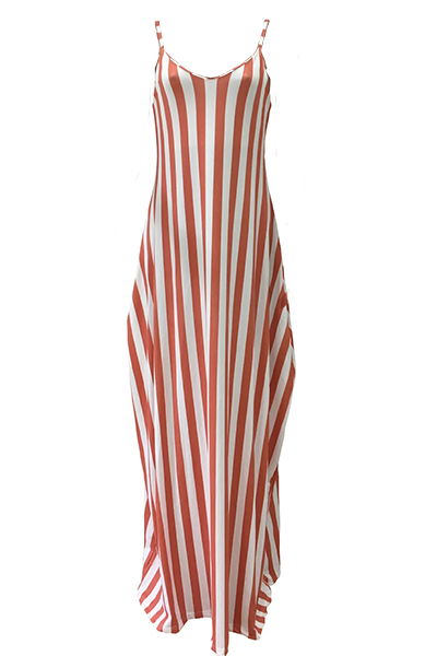 Stylish V Neck Striped Red Blending Ankle Length Dress