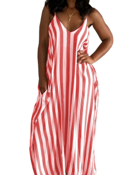 Stylish V Neck Striped Red Blending Ankle Length Dress