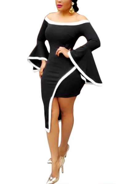 Trendy Bateau Neck Dew Shoulder Long Sleeves Asymmetrical Black Healthy Fabric Knee Length Dress