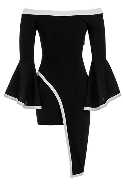 Trendy Bateau Neck Dew Shoulder Long Sleeves Asymmetrical Black Healthy Fabric Knee Length Dress