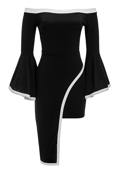 Trendy Bateau Neck Dew Shoulder Long Sleeves Asymmetrical Black Healthy Fabric Knee Length Dress