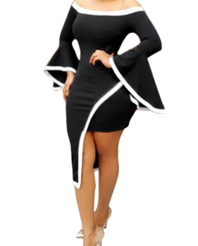 Trendy Bateau Neck Dew Shoulder Long Sleeves Asymmetrical Black Healthy Fabric Knee Length Dress