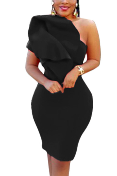 Trendy Boat Neck One Shoulder Sleeveless Falbala Design Black Healthy Fabric Sheath Knee Length Dress