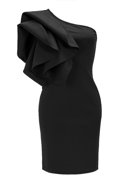 Trendy Boat Neck One Shoulder Sleeveless Falbala Design Black Healthy Fabric Sheath Knee Length Dress