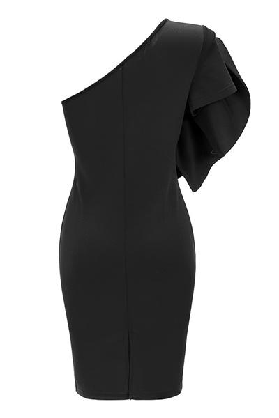 Trendy Boat Neck One Shoulder Sleeveless Falbala Design Black Healthy Fabric Sheath Knee Length Dress