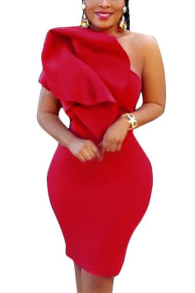 Trendy Boat Neck One Shoulder Sleeveless Falbala Design Red Healthy Fabric Sheath Knee Length Dress