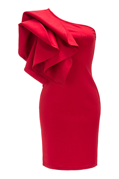 Trendy Boat Neck One Shoulder Sleeveless Falbala Design Red Healthy Fabric Sheath Knee Length Dress