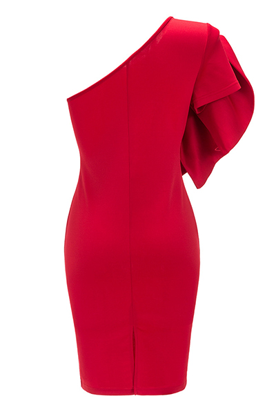 Trendy Boat Neck One Shoulder Sleeveless Falbala Design Red Healthy Fabric Sheath Knee Length Dress