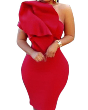 Trendy Boat Neck One Shoulder Sleeveless Falbala Design Red Healthy Fabric Sheath Knee Length Dress