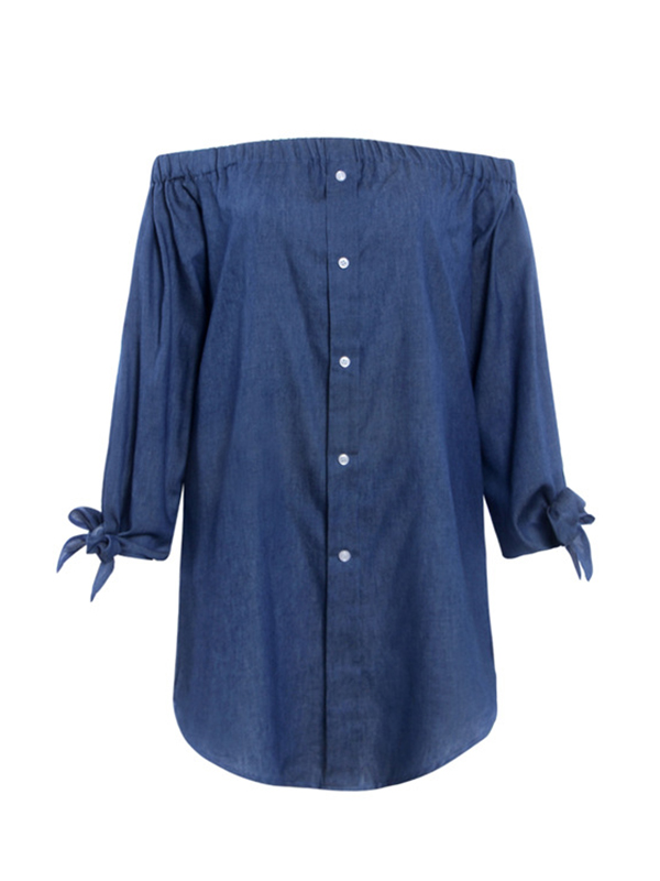 Trendy Dew Shoulder Button Decorative Dark Blue Denim Mini Dress