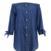 Trendy Dew Shoulder Button Decorative Dark Blue Denim Mini Dress