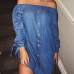 Trendy Dew Shoulder Button Decorative Dark Blue Denim Mini Dress