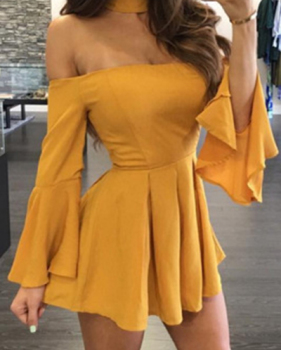 Trendy Dew Shoulder Falbala Design Yellow Polyester Mini Dress (With Choker)