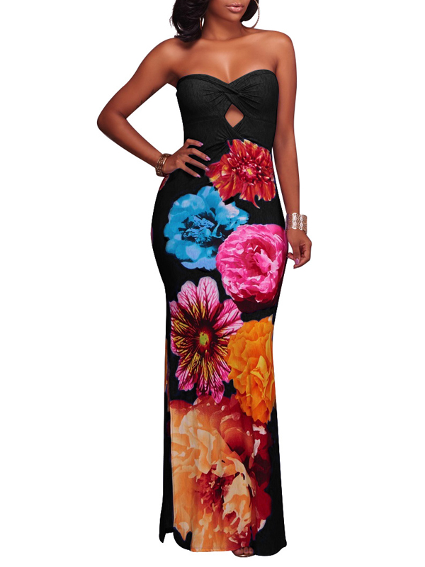 Trendy Dew Shoulder Floral Print Black Polyester Sheath Ankle Length Dress