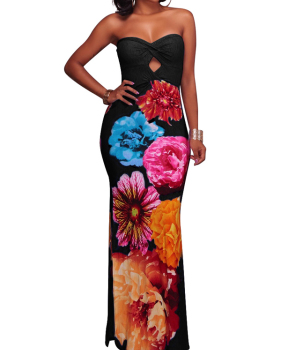 Trendy Dew Shoulder Floral Print Black Polyester Sheath Ankle Length Dress