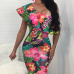 Trendy Dew Shoulder Floral Print Milk Fiber Sheath Mini Dress