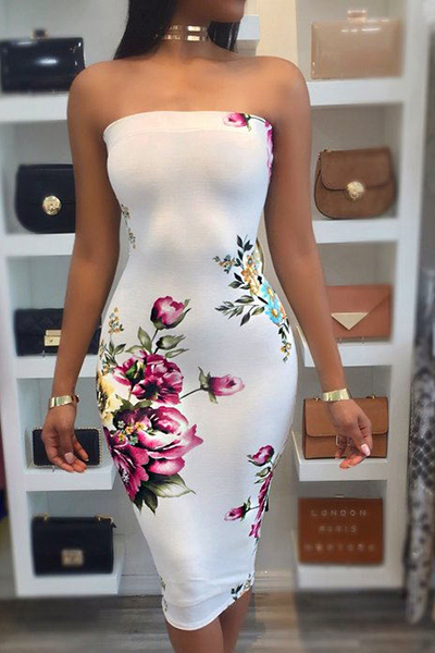 Trendy Dew Shoulder Floral Print White Milk Fiber Sheath Knee Length Dress(Without Choker)