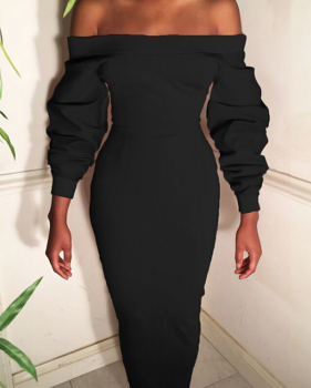 Trendy Dew Shoulder Long Sleeves Black Polyester Sheath Mid Calf Dress