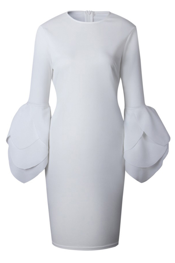 Trendy Horn Sleeves White Cotton Blend Sheath Knee Length Dress