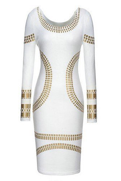 Trendy O Neck Long Sleeves Bronzing Print White Cotton Blend Sheath Mini Dress