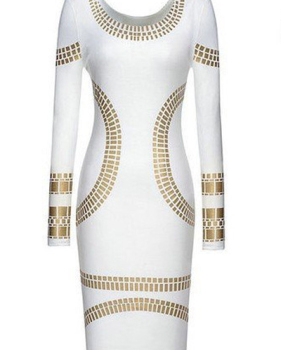 Trendy O Neck Long Sleeves Bronzing Print White Cotton Blend Sheath Mini Dress