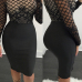 Trendy O Neck Long Sleeves Mesh Patchwork Black Polyester Sheath Knee Length Dress