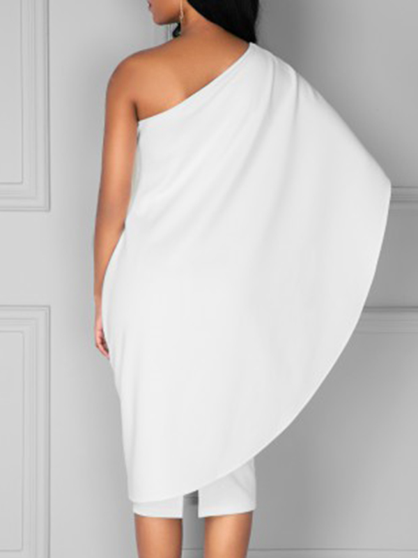 Trendy One Shoulder Asymmetrical White Cotton Blend Sheath Mid Calf Dress