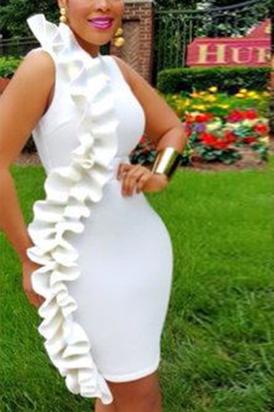 Trendy Round Neck Falbala Design White Healthy Fabric Sheath Knee Length Dress