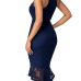 Trendy Round Neck Lace Trim Patchwork Blue Sheath Mid Calf Dress