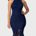 Trendy Round Neck Lace Trim Patchwork Blue Sheath Mid Calf Dress