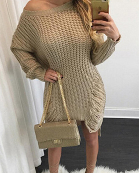 Trendy Round Neck Long Sleeves Hollow-out Asymmetrical Khaki Acrylic  Mini Dress