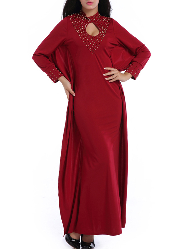 Trendy Round Neck Long Sleeves Hollow-out Wine Red Cotton Blend Sheath Ankle Length Dress