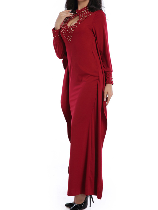 Trendy Round Neck Long Sleeves Hollow-out Wine Red Cotton Blend Sheath Ankle Length Dress