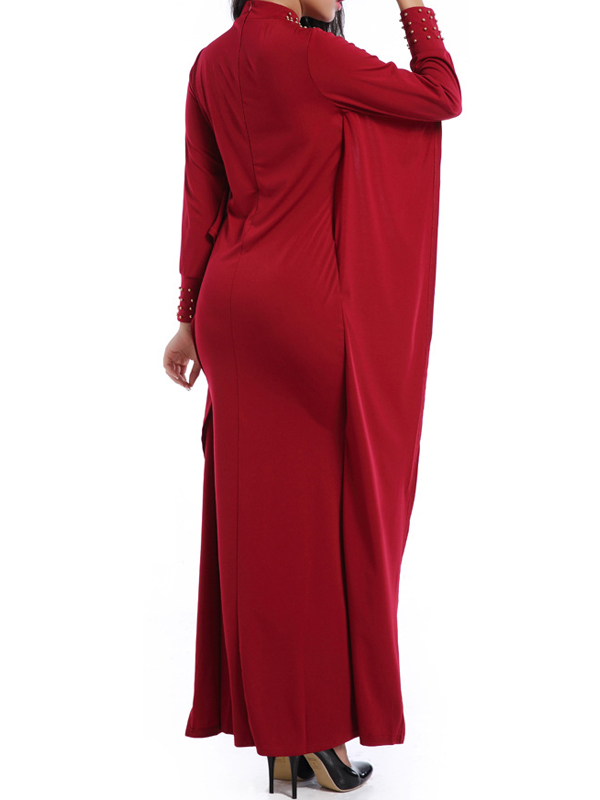 Trendy Round Neck Long Sleeves Hollow-out Wine Red Cotton Blend Sheath Ankle Length Dress