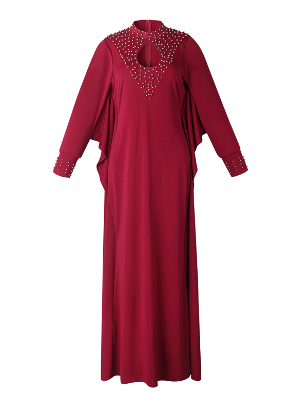 Trendy Round Neck Long Sleeves Hollow-out Wine Red Cotton Blend Sheath Ankle Length Dress