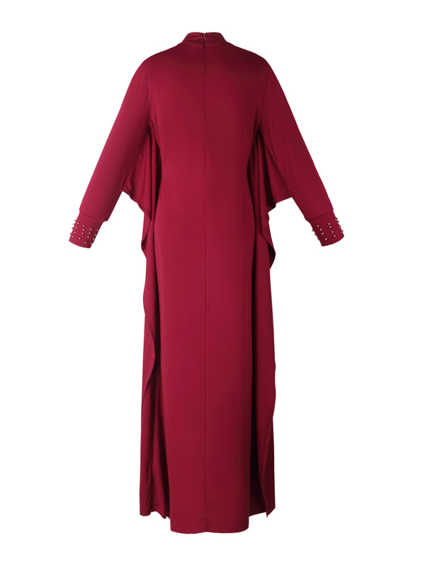 Trendy Round Neck Long Sleeves Hollow-out Wine Red Cotton Blend Sheath Ankle Length Dress