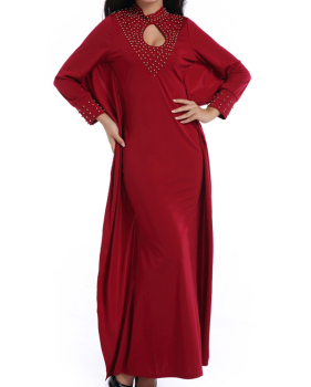 Trendy Round Neck Long Sleeves Hollow-out Wine Red Cotton Blend Sheath Ankle Length Dress