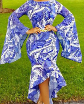 Trendy Round Neck Long Sleeves Printed Asymmetrical Milk Fiber Ankle Length Dress(Without Belt)