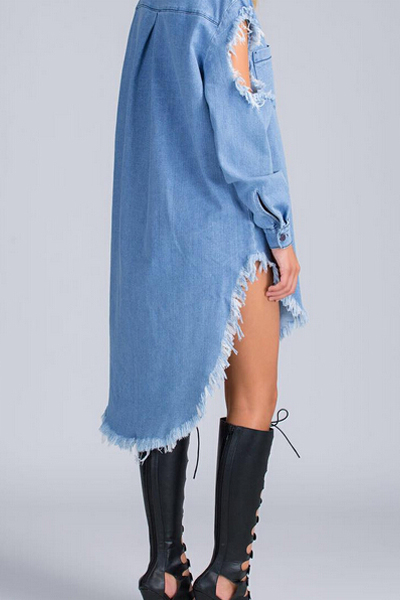 Trendy Turndown Collar Long Sleeves Asymmetrical Blue Denim A Line Mini Dress