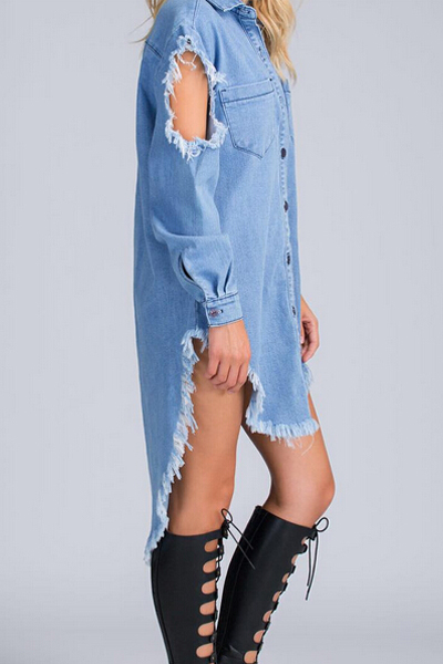 Trendy Turndown Collar Long Sleeves Asymmetrical Blue Denim A Line Mini Dress