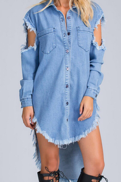 Trendy Turndown Collar Long Sleeves Asymmetrical Blue Denim A Line Mini Dress