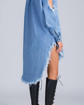 Trendy Turndown Collar Long Sleeves Asymmetrical Blue Denim A Line Mini Dress