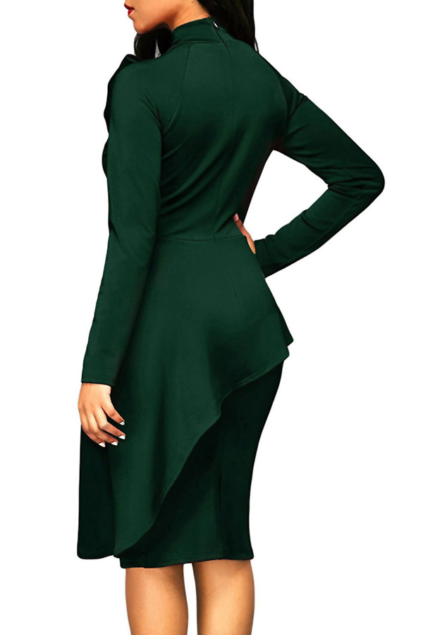 Trendy Turtleneck Bow-Tie Design Green Polyester Sheath Knee Length Dress