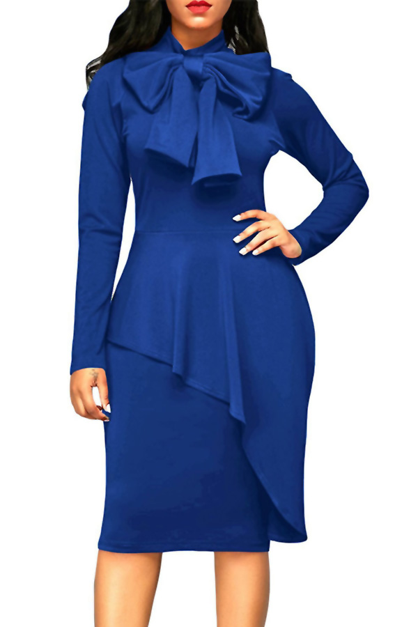 Trendy Turtleneck Bow-Tie Design Navy Blue Polyester Sheath Knee Length Dress