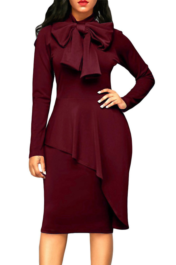 Trendy Turtleneck Bow-Tie Design Wine Red Polyester Sheath Knee Length Dress