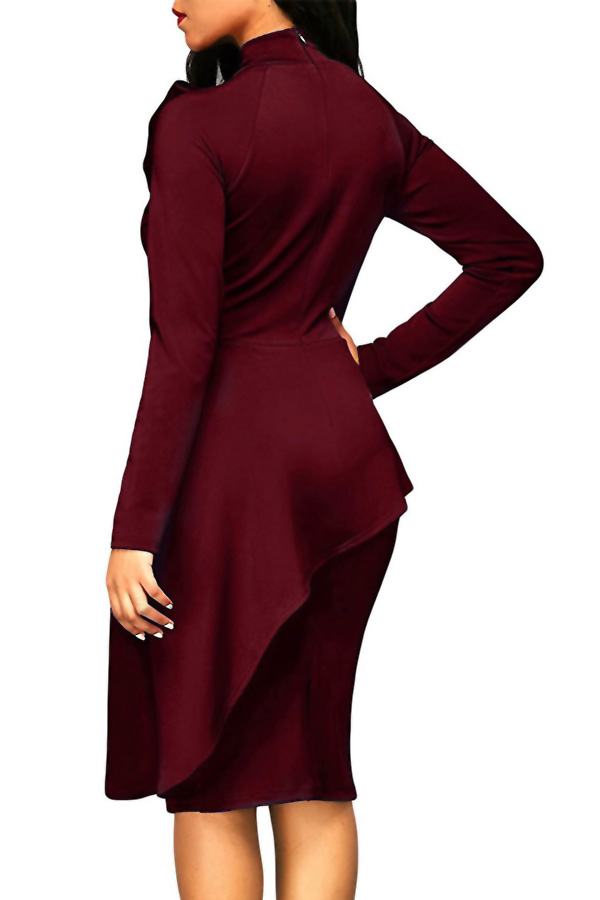 Trendy Turtleneck Bow-Tie Design Wine Red Polyester Sheath Knee Length Dress