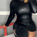 Trendy Turtleneck Long Sleeves Zipper Design Black Leather Mini Dress