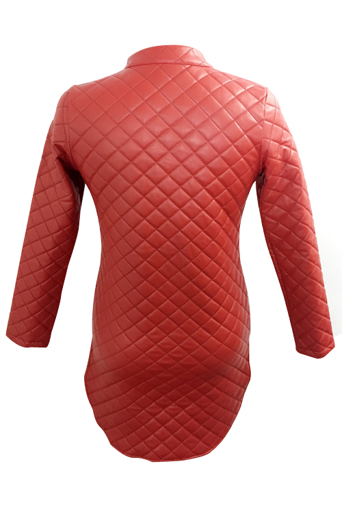 Trendy Turtleneck Long Sleeves Zipper Design Wine Red Leather Mini Dress