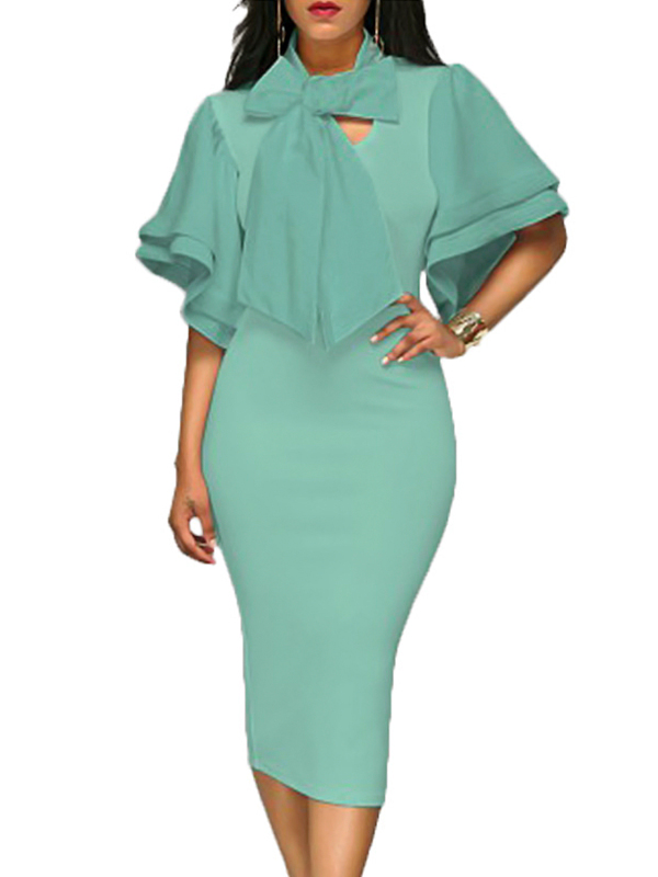 Trendy V Neck Half Sleeves Bow-tie Decoration Green Cotton Sheath Knee Length Dress